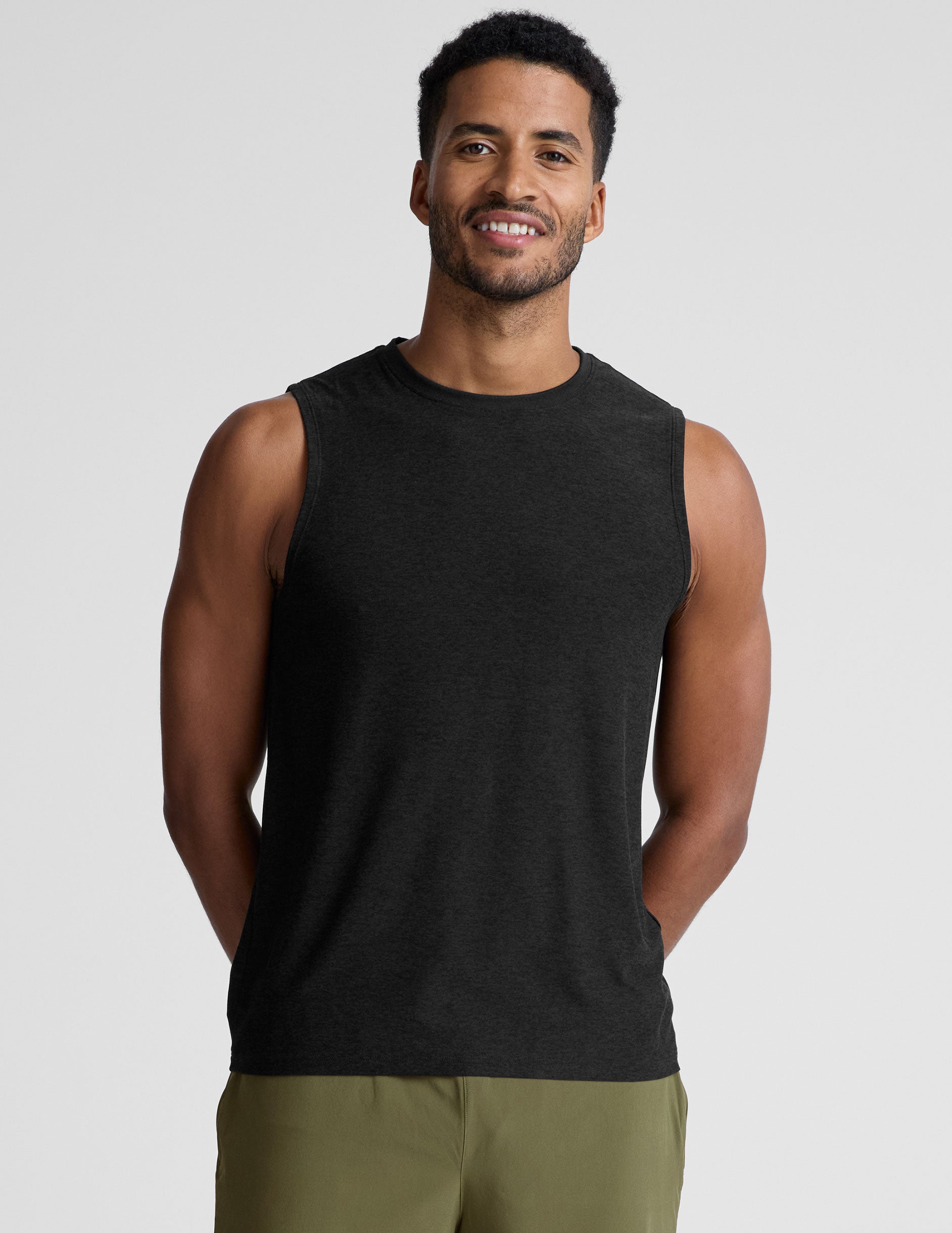 mens black muscle tank top with a rib crew neckline.