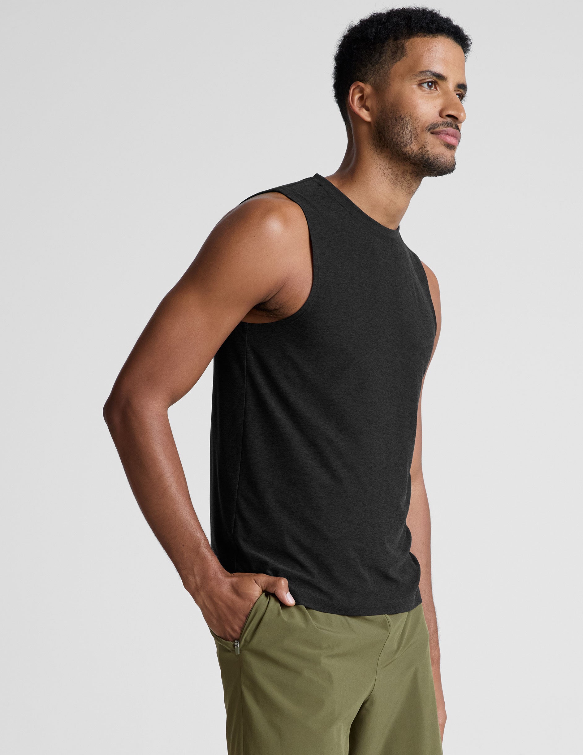 mens black muscle tank top with a rib crew neckline.