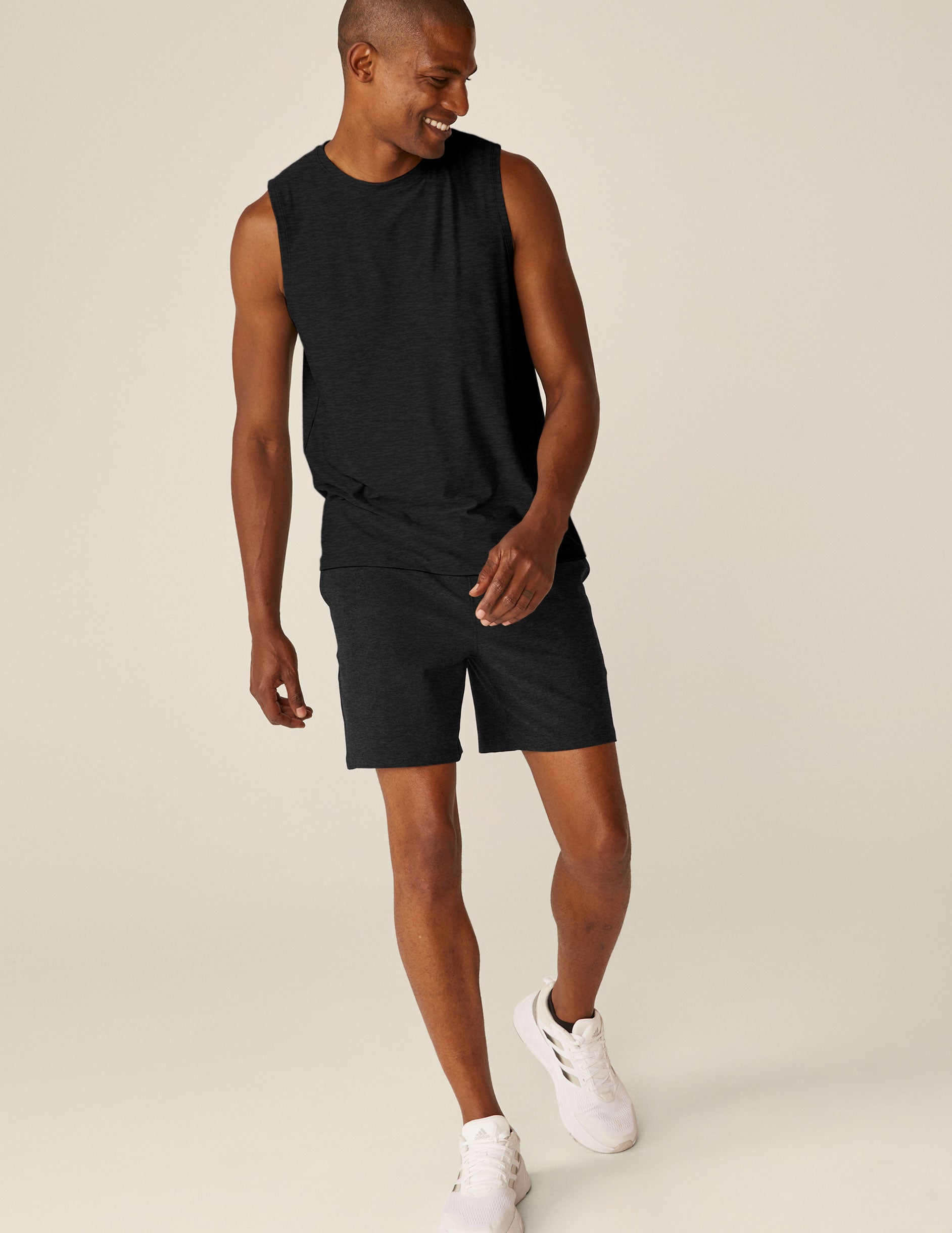 mens black muscle tank top with a rib crew neckline.