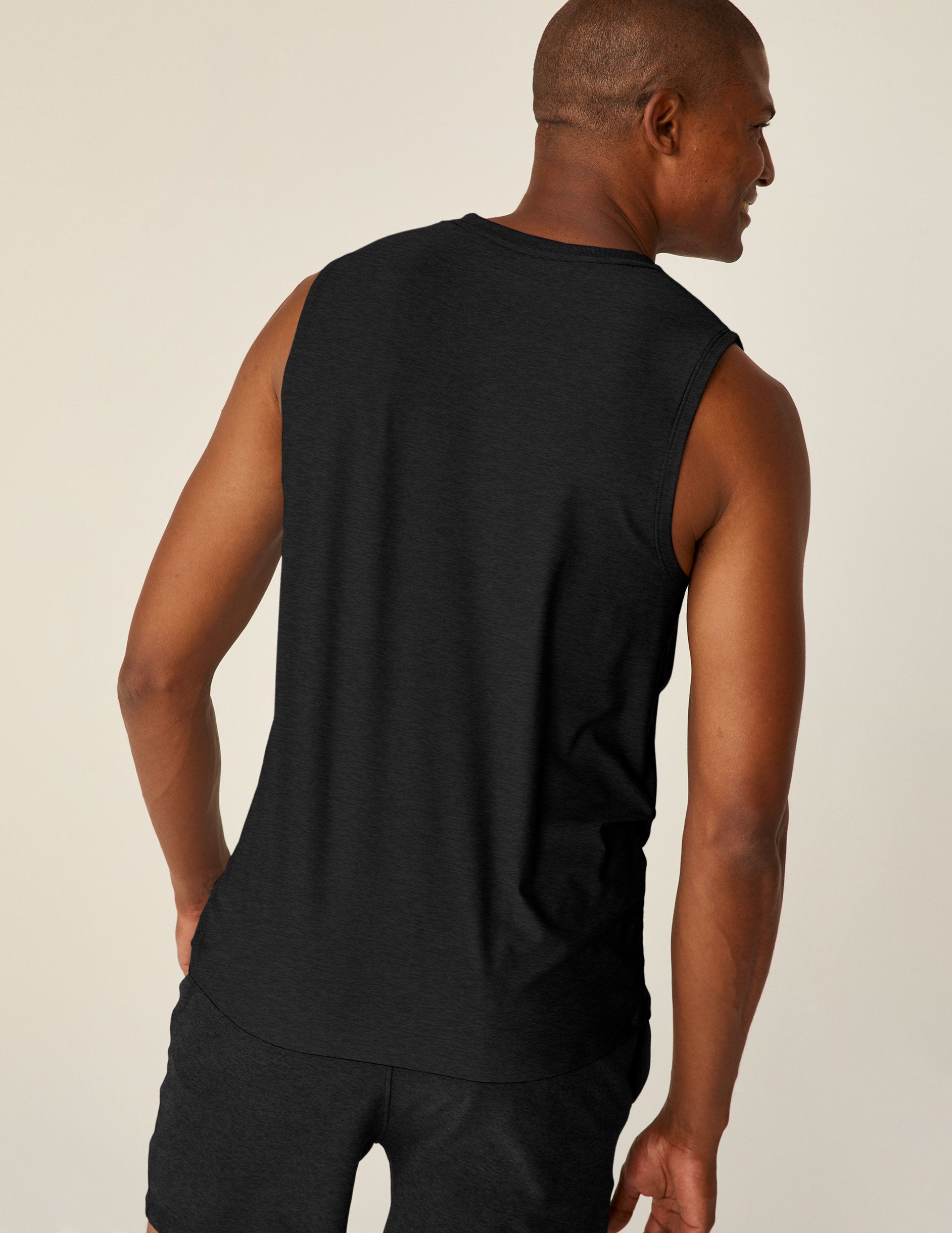 mens black muscle tank top with a rib crew neckline.