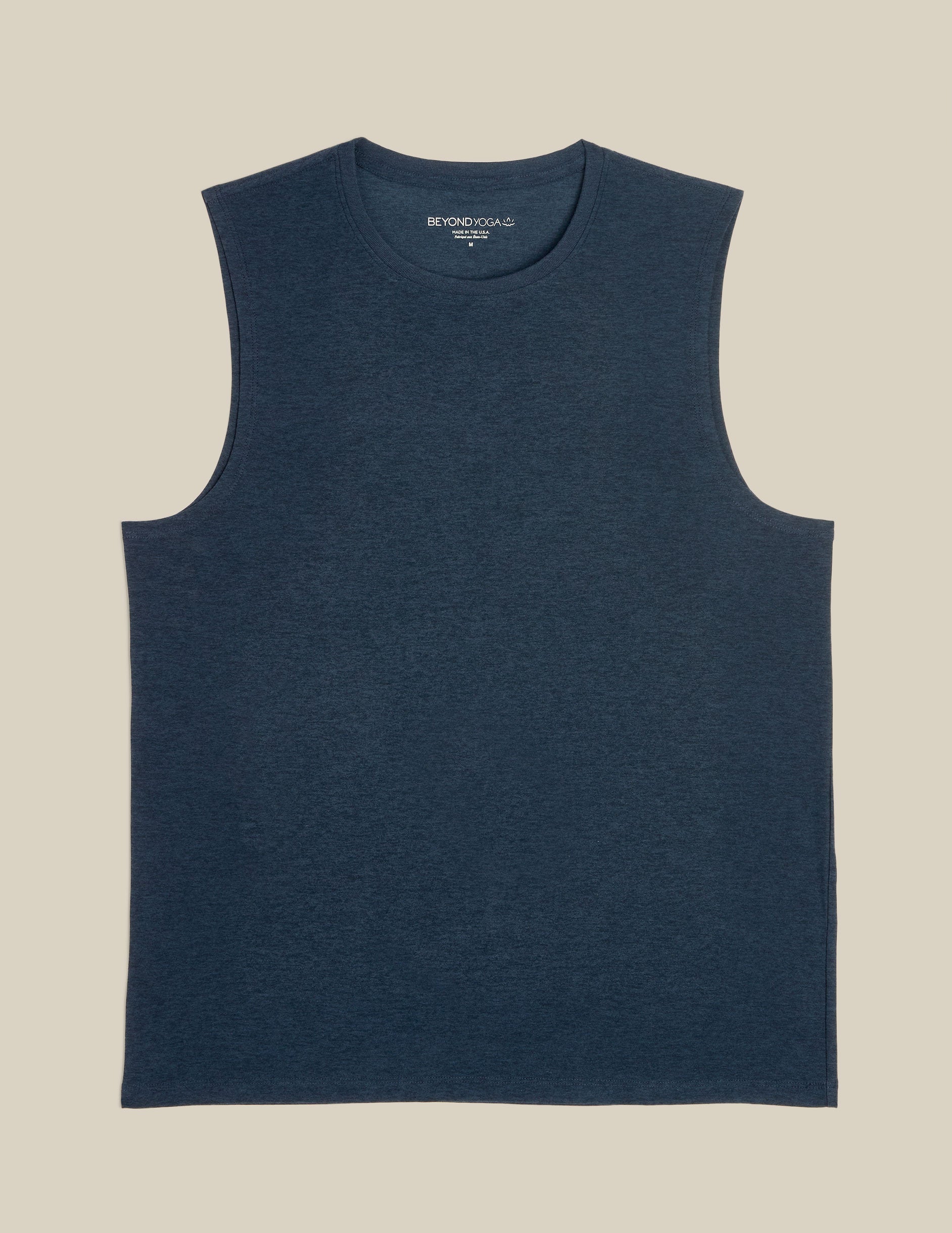 blue sleeveless mens muscle tank top with a ribbed collar.