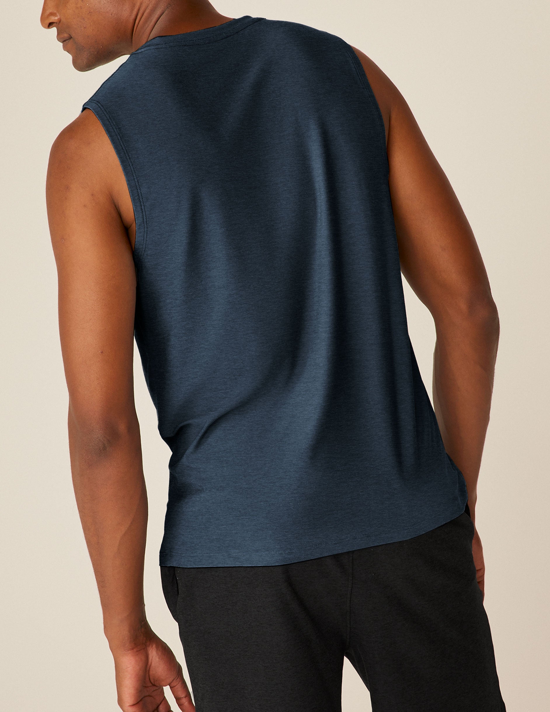 blue sleeveless mens muscle tank top with a ribbed collar.