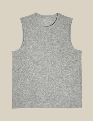 gray mens sleeveless muscle tank top with a ribbed crew collar.