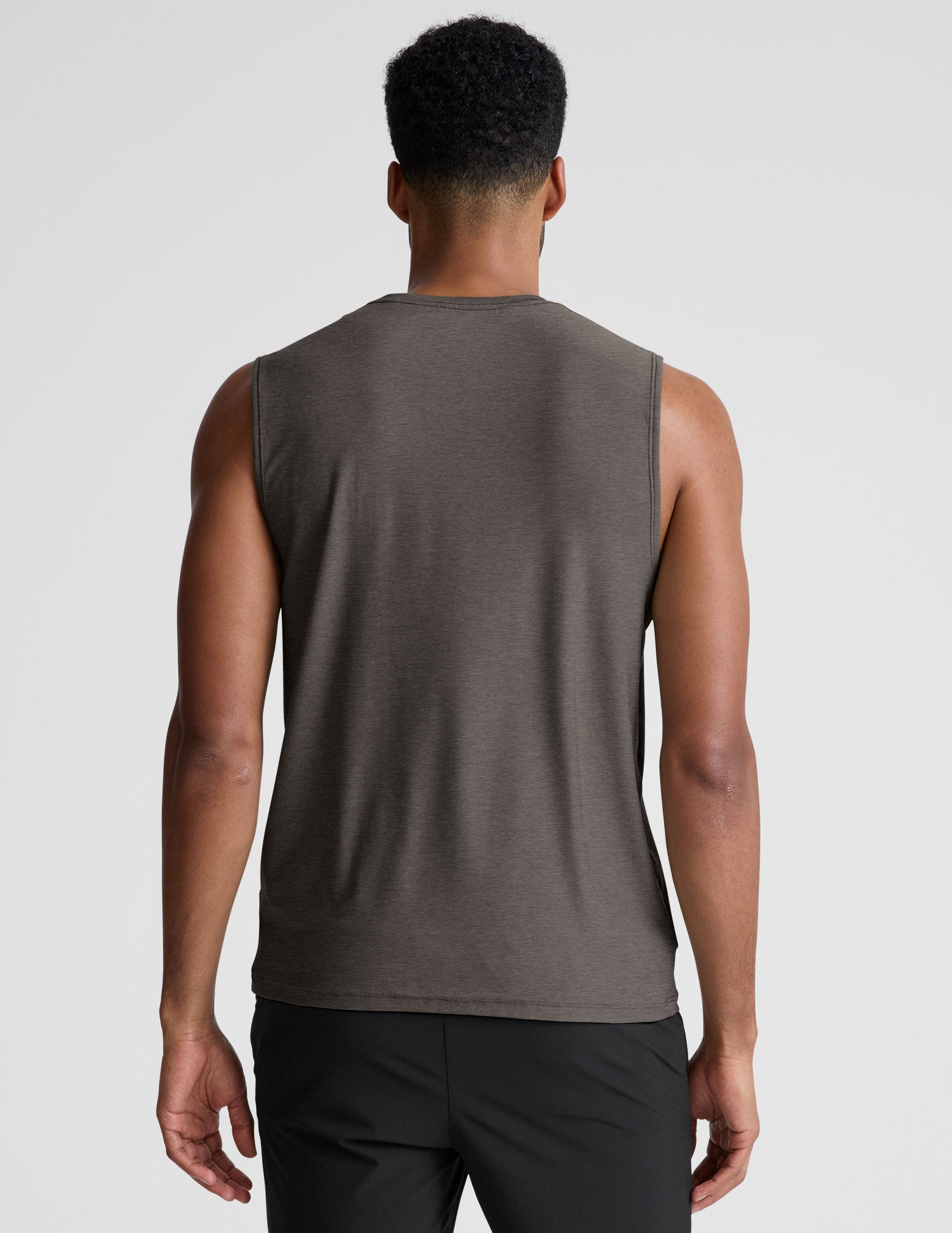 brown sleeveless mens muscle tank top with a ribbed collar.