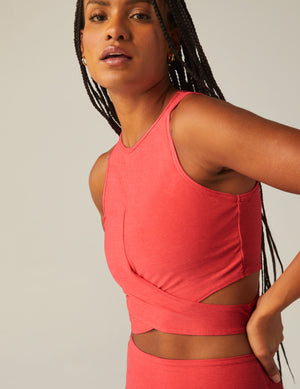pink cropped tank with criss cross front