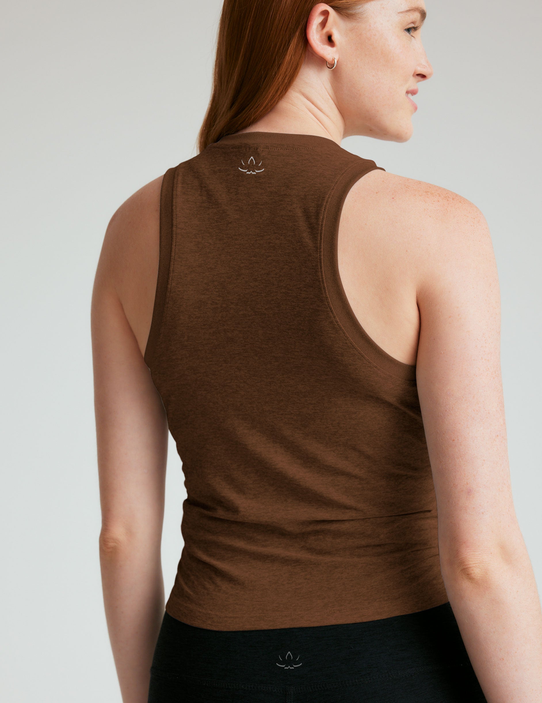 brown scoop neck tank top with shirring detail down the sides. 