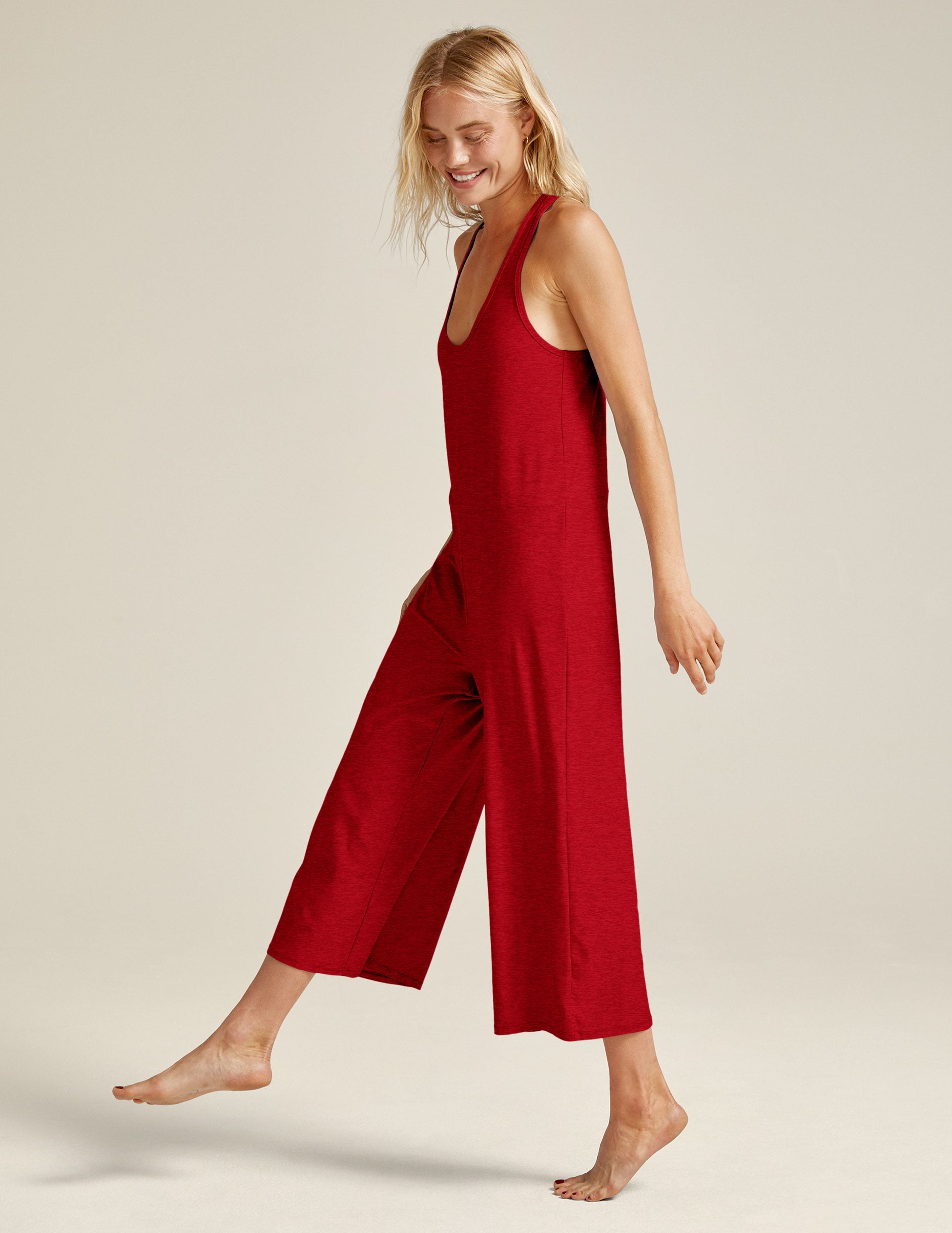 red scoop neck racerback midi wide leg jumpsuit. 