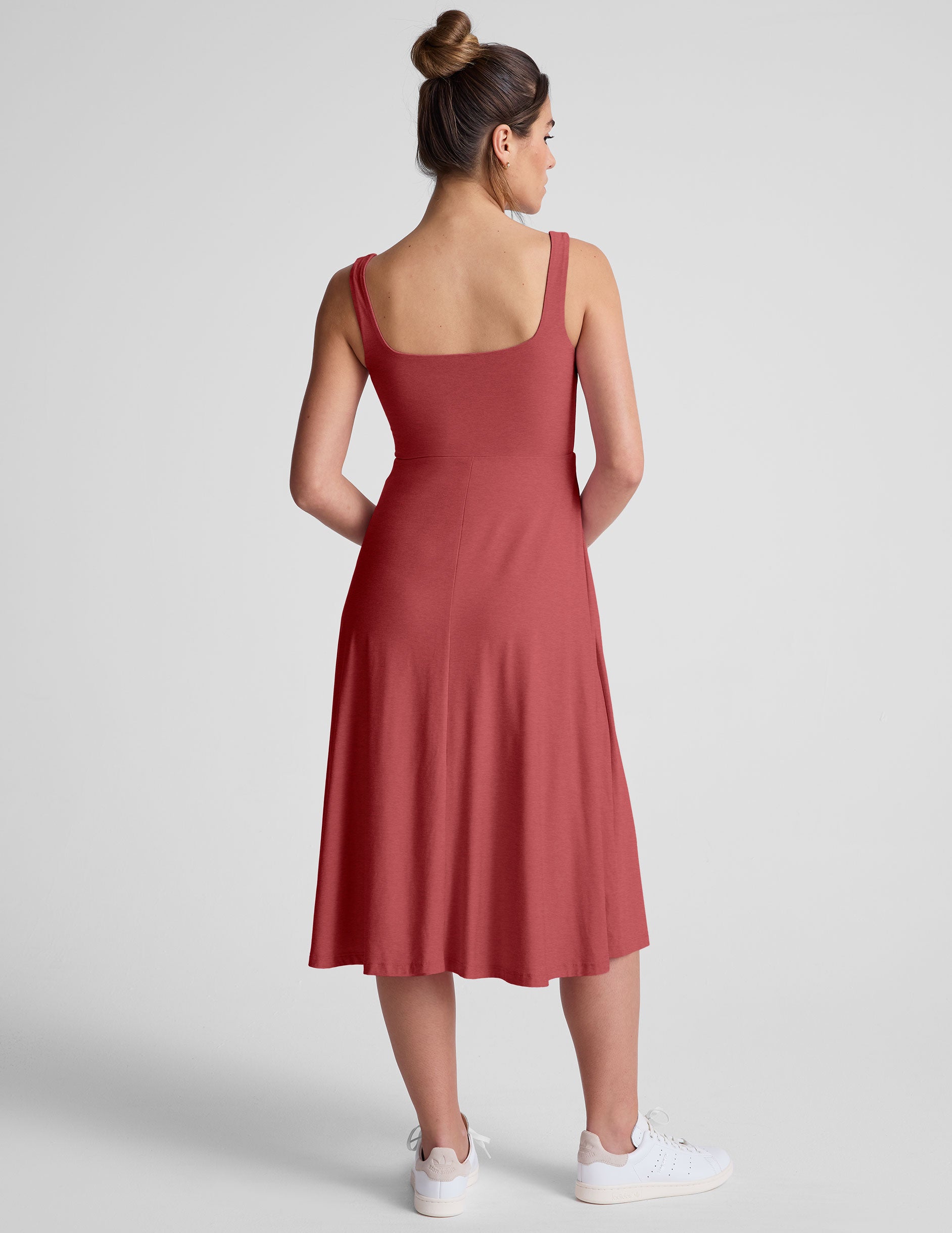 red square neck midi length dress with pockets. 