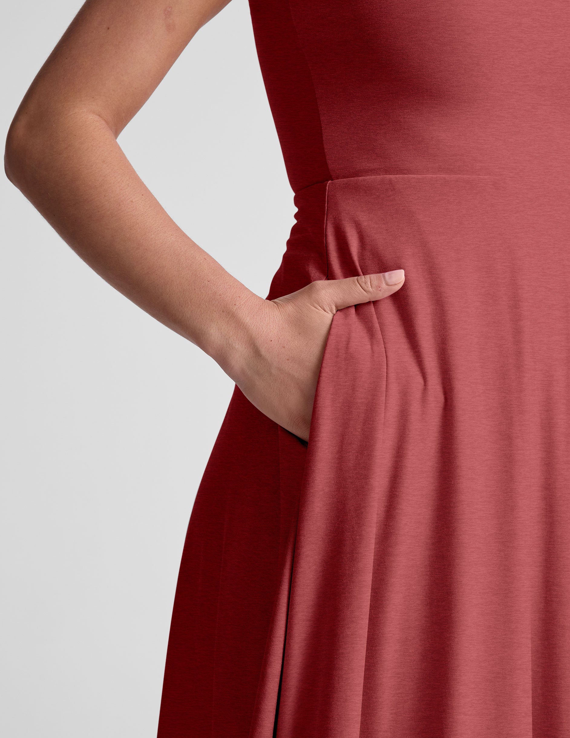 red square neck midi length dress with pockets. 