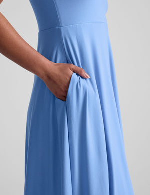 blue square neck midi length tank dress with pockets. 