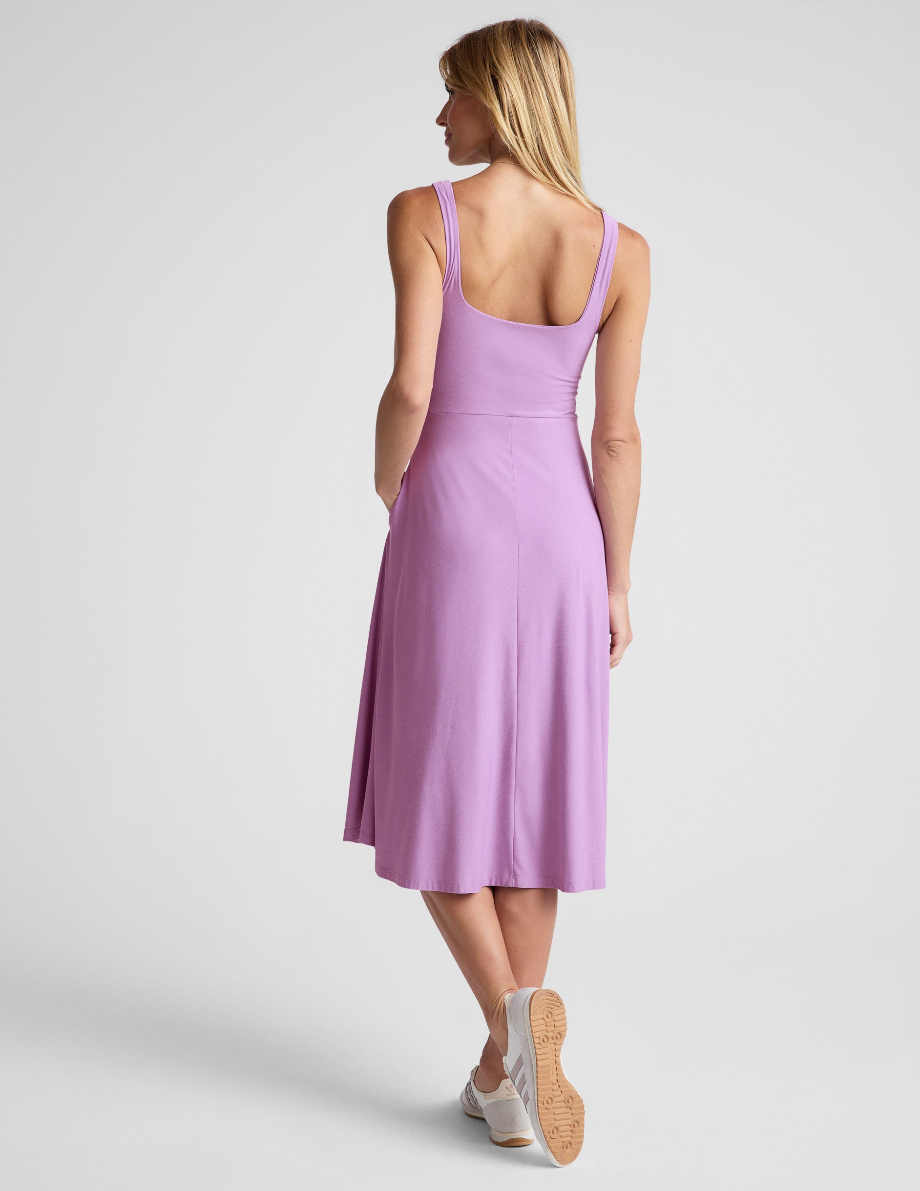 purple midi length square neck dress. 