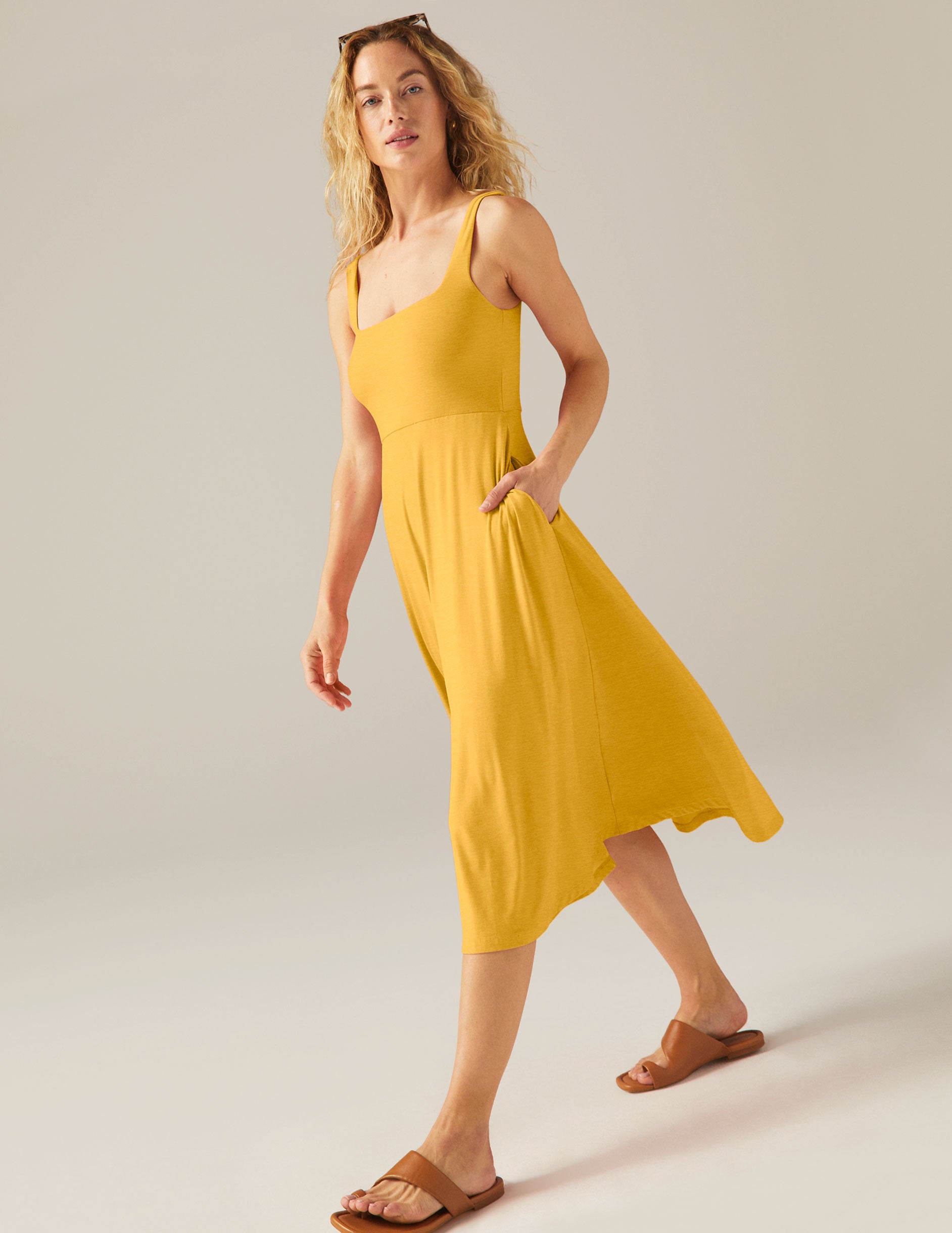 yellow square neck midi dress with pockets. 