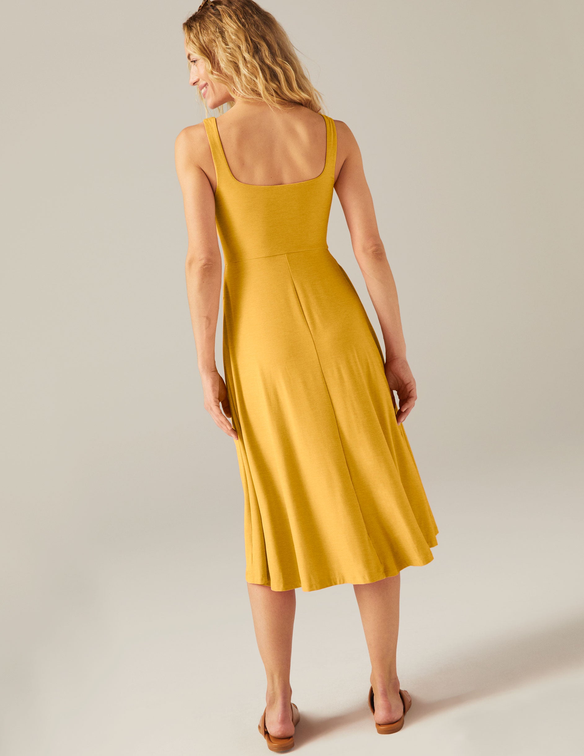 yellow square neck midi dress with pockets. 