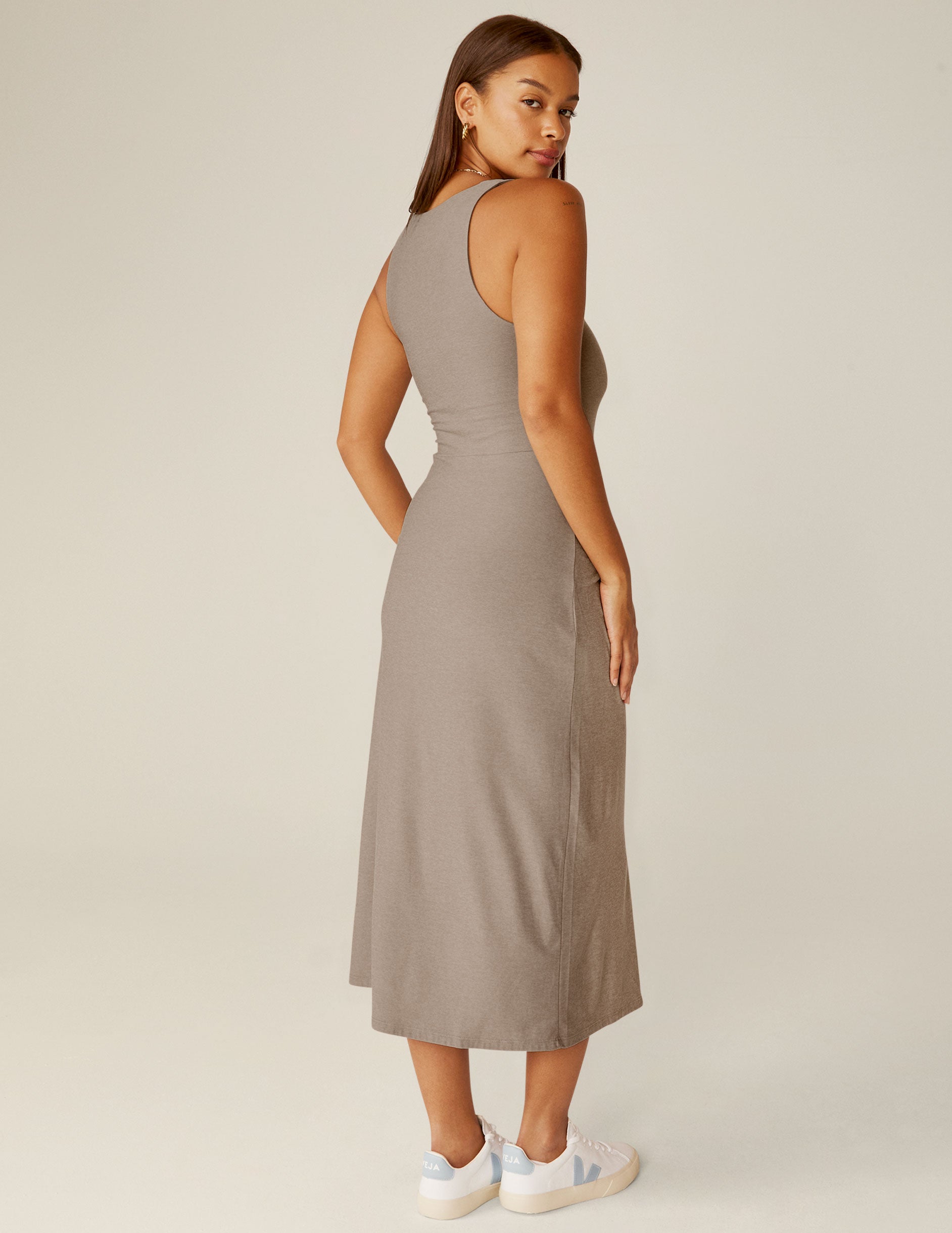 brown midi square neck dress with a front side slit. 