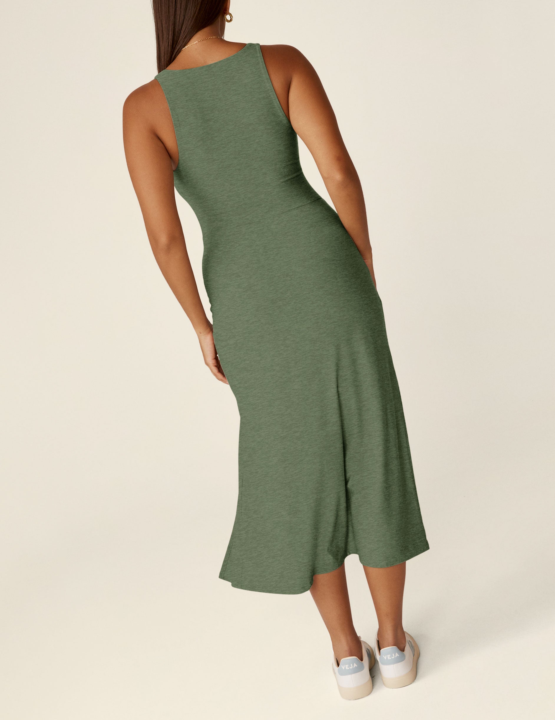 green square neck midi length dress with a front side slit.