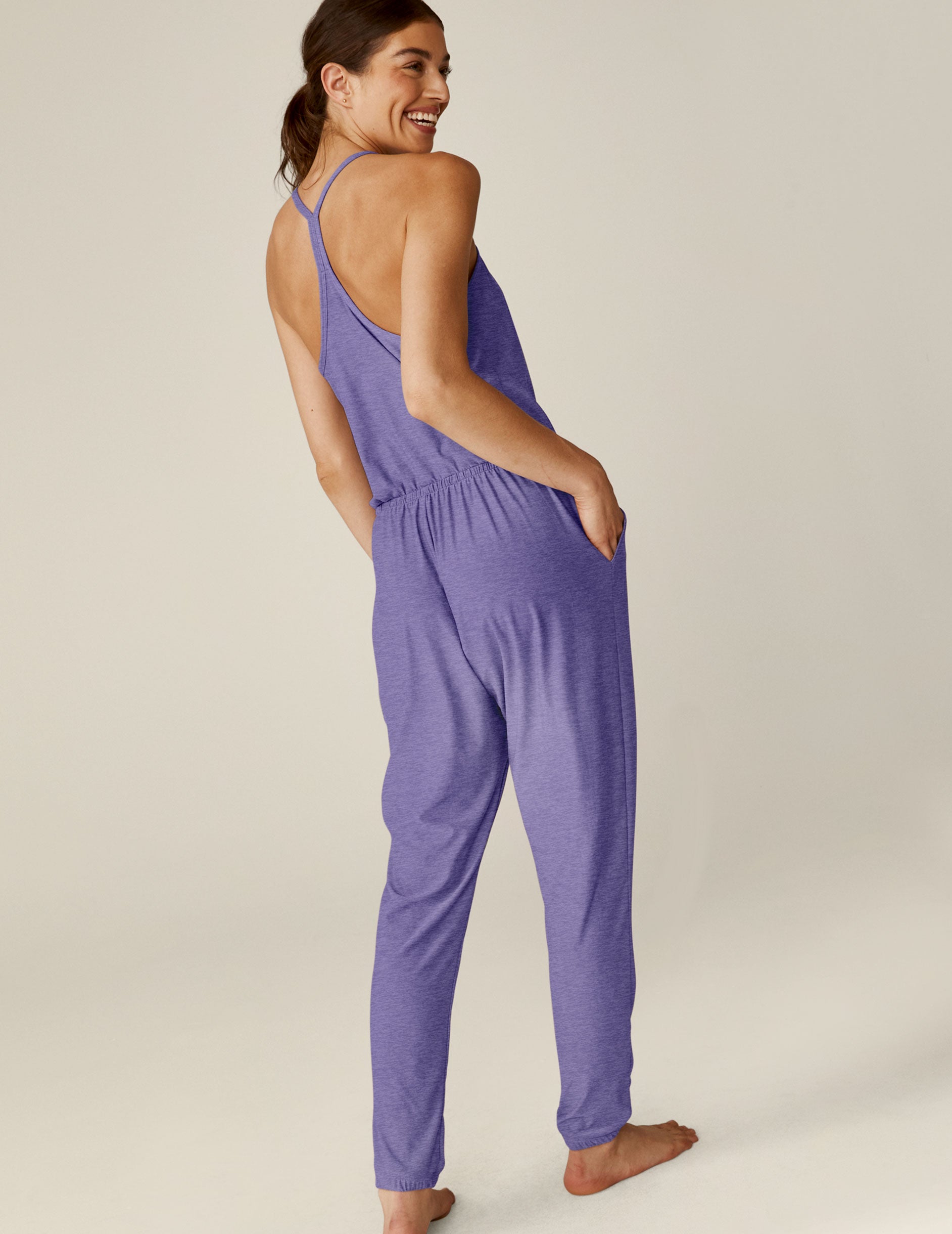 purple lace trim v-neck sleep jumpsuit. 