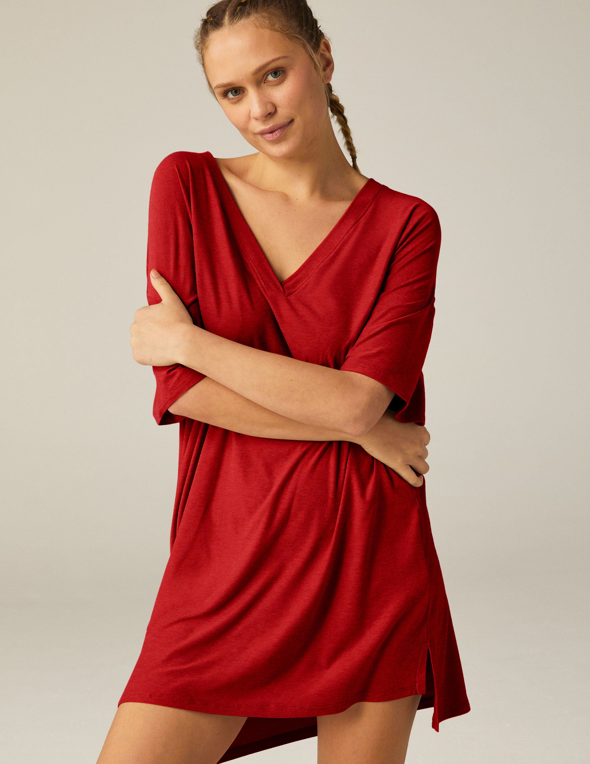 red v-neck relaxed fit sleep t-shirt dress. 