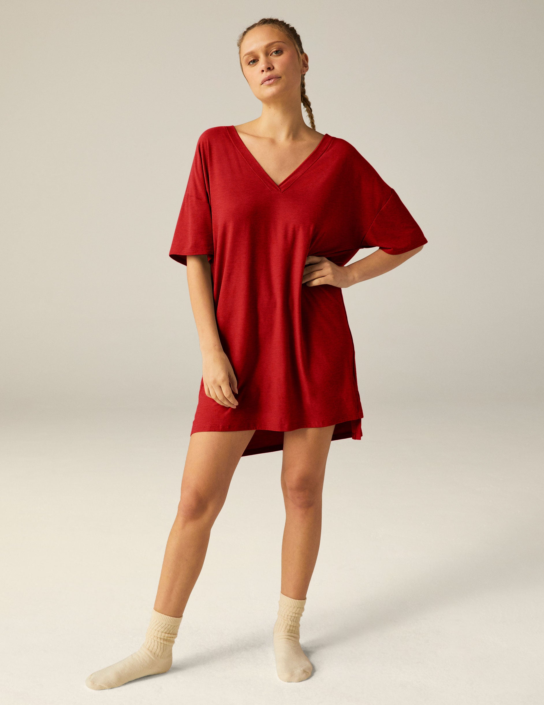 red v-neck relaxed fit sleep t-shirt dress. 