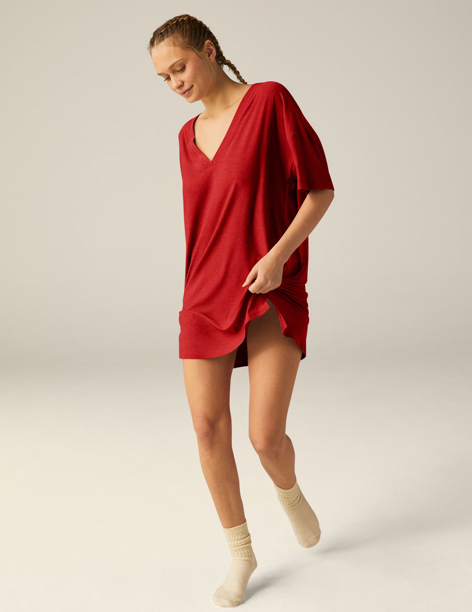 red v-neck relaxed fit sleep t-shirt dress. 