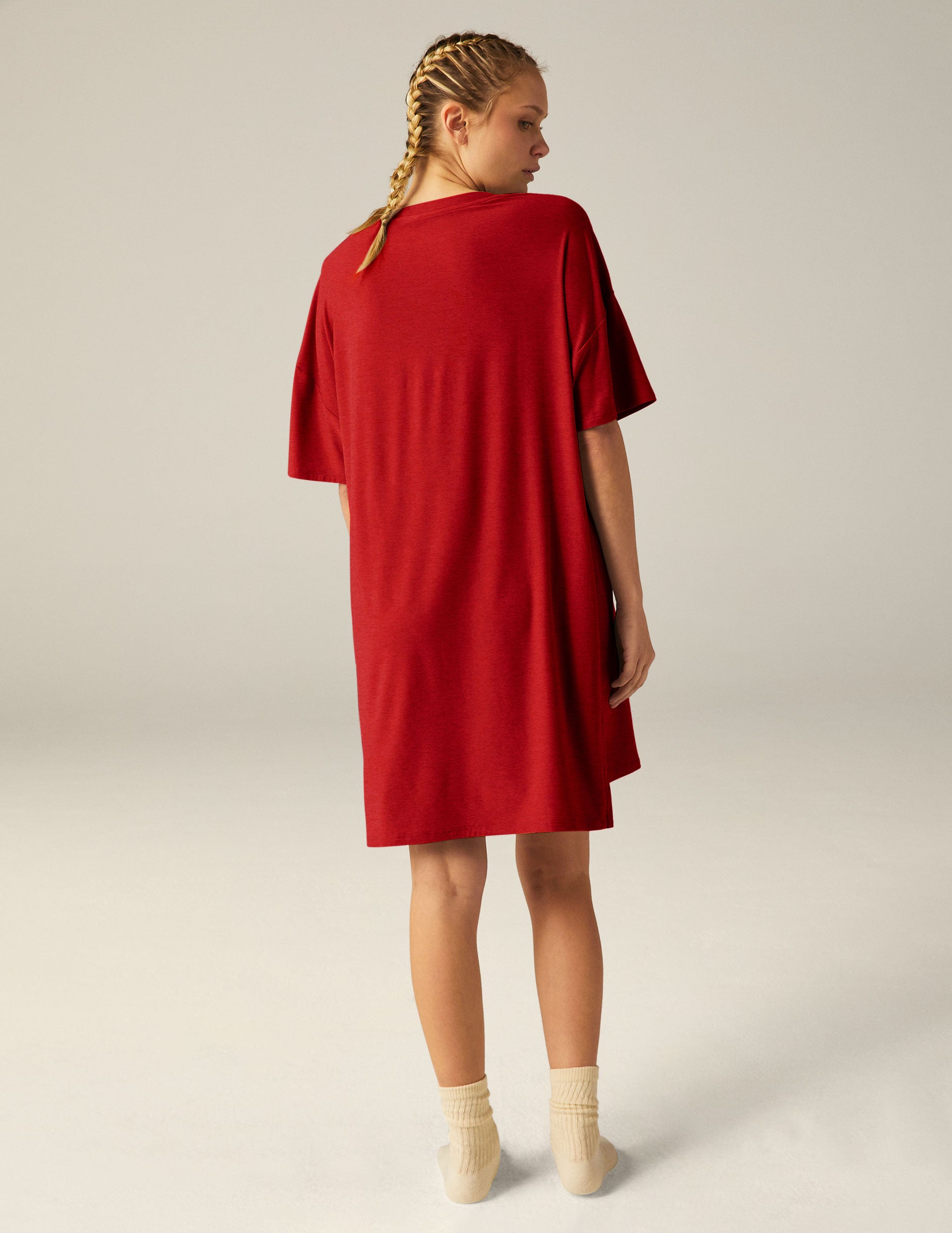 red v-neck relaxed fit sleep t-shirt dress. 