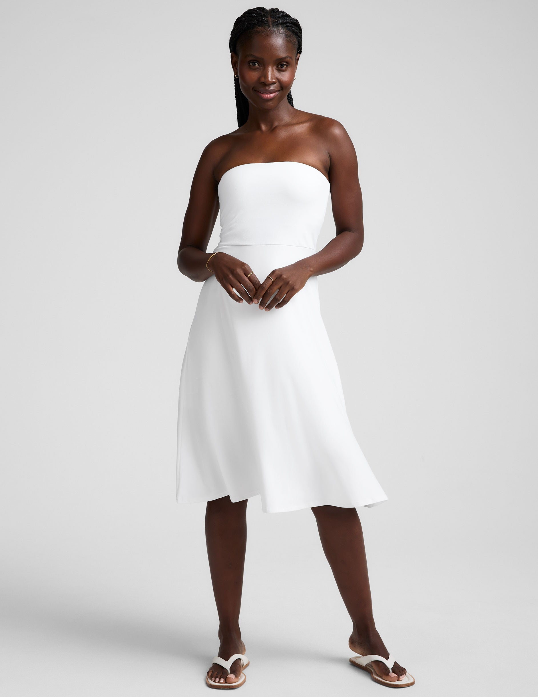 white dress navy Featherweight Strapless Dress