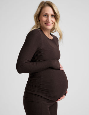 brown long sleeve crew neckline maternity top with thumb holes. 