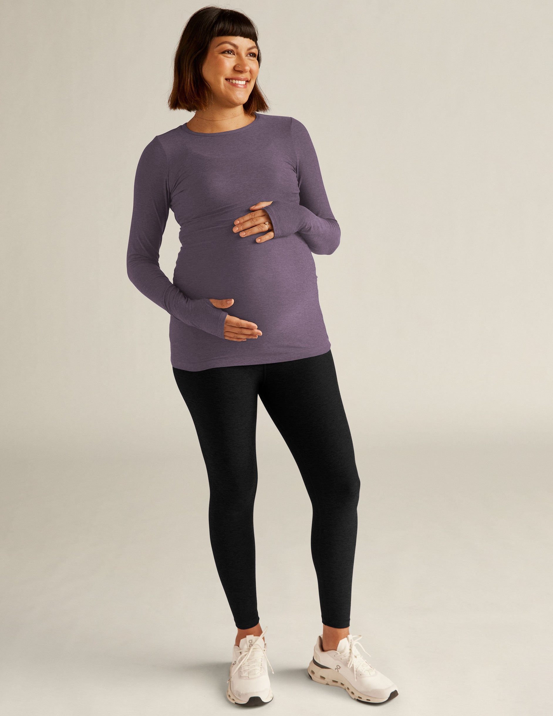 purple long sleeve, scoop neck maternity top with thumb holes. 