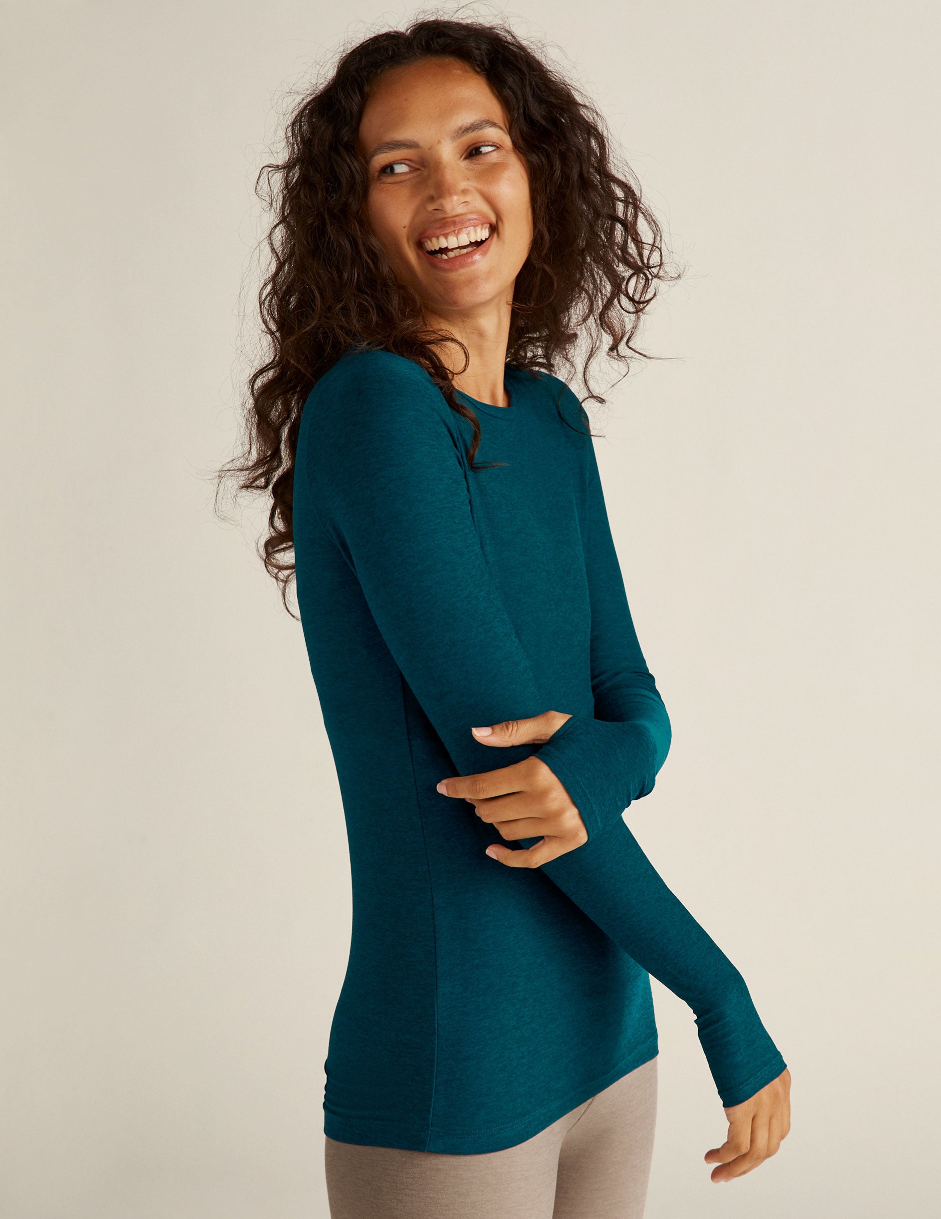 blue long sleeve scoop neck top. 