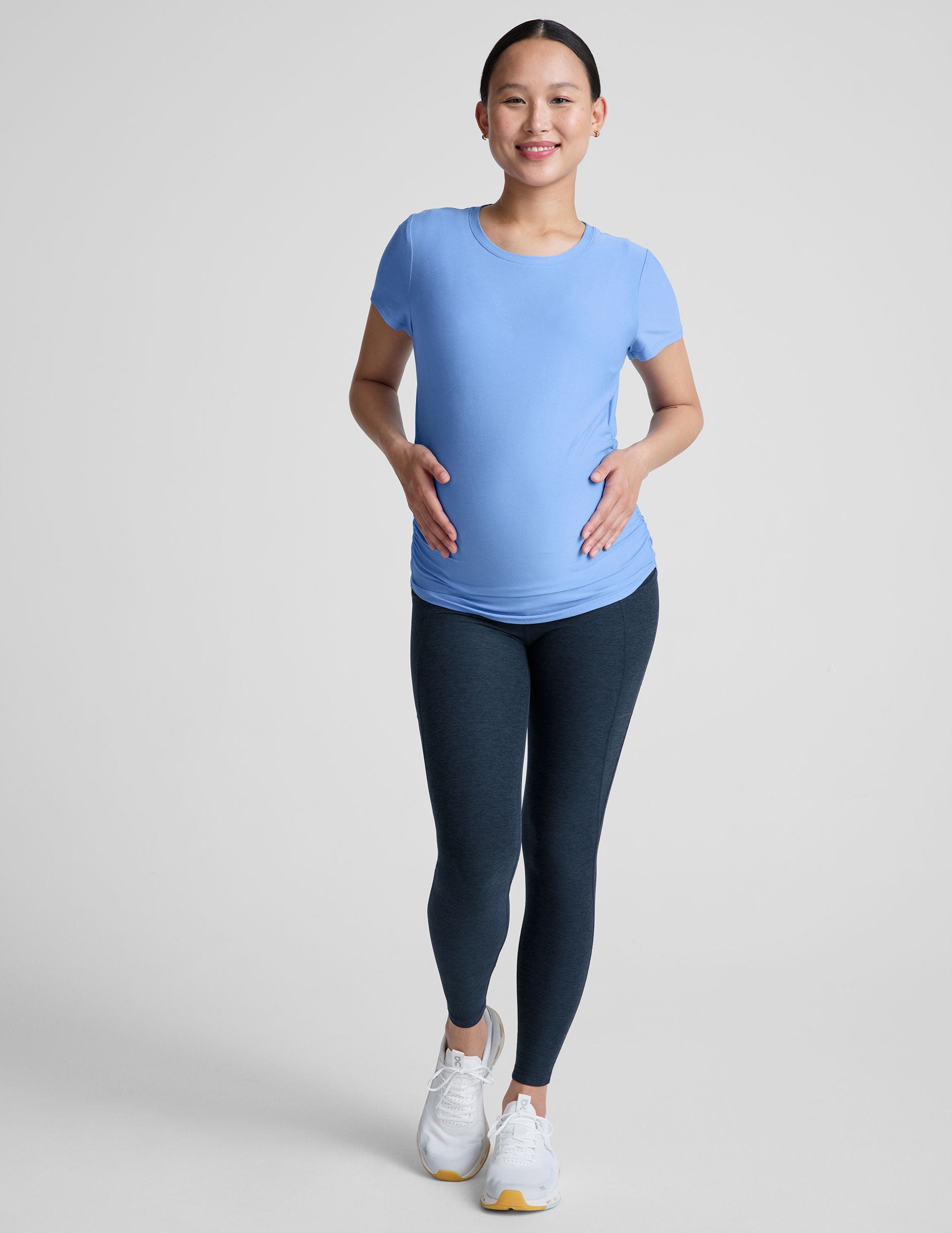 blue short sleeve maternity top. 