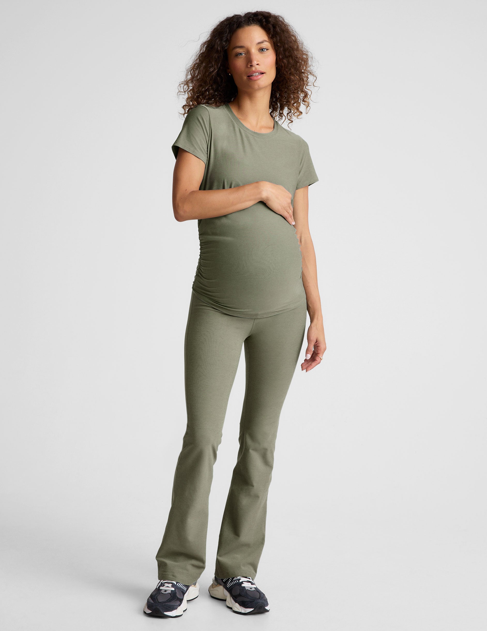 green short sleeve long length maternity t-shirt. 