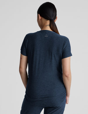 blue crew neck short sleeve maternity top. 