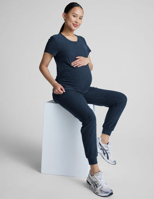 blue crew neck short sleeve maternity top. 