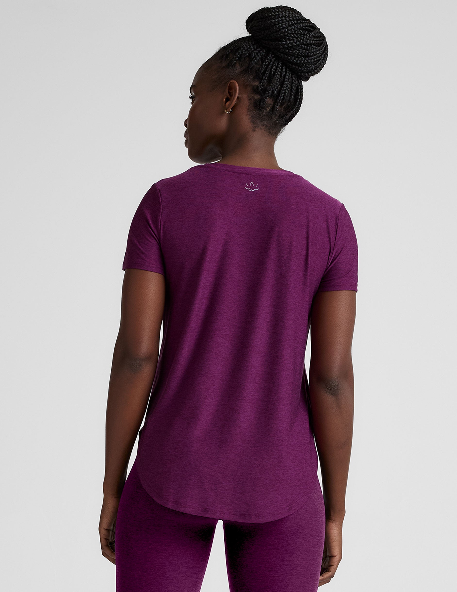 purple scoop neck relaxed fit short sleeve top. 