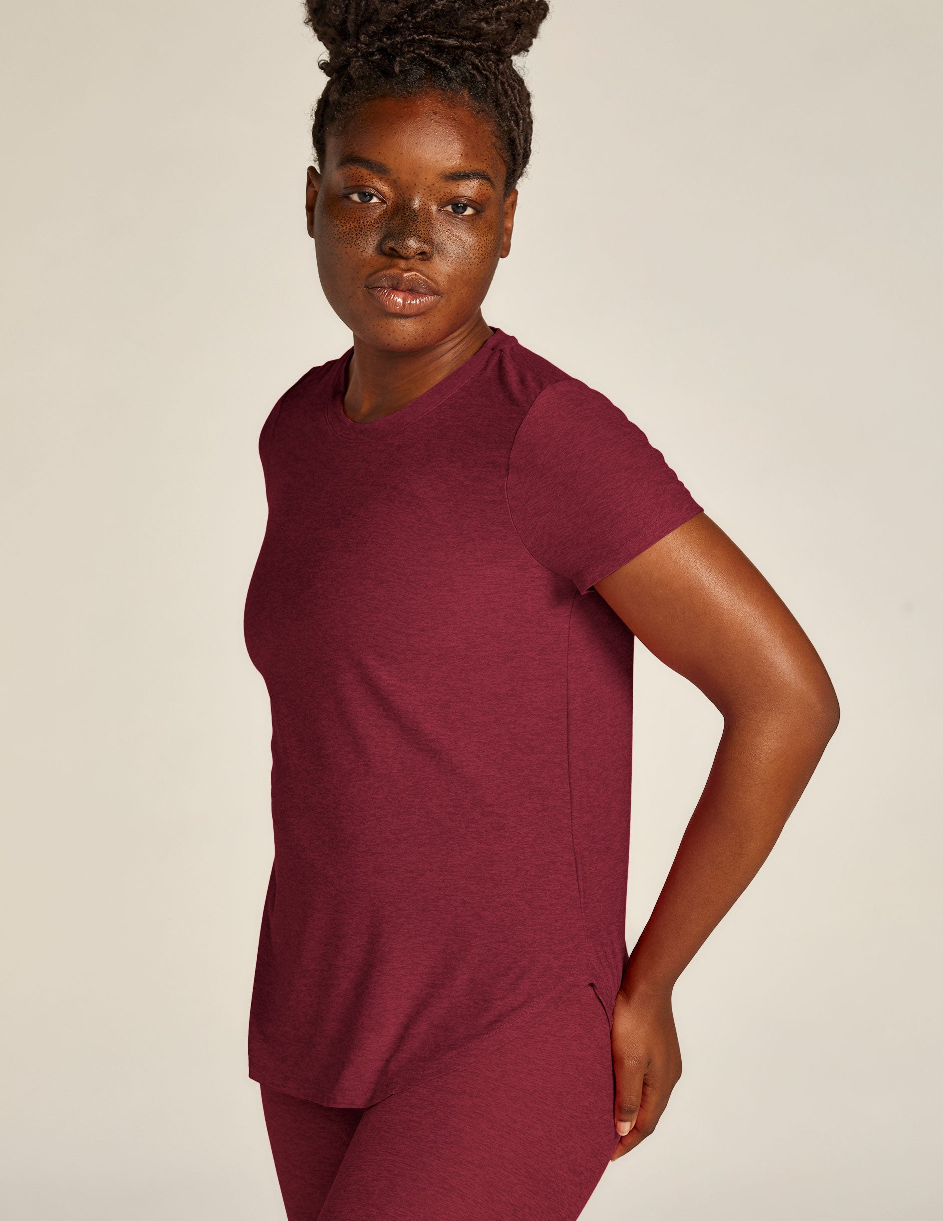 red scoop neck short sleeve t-shirt. 