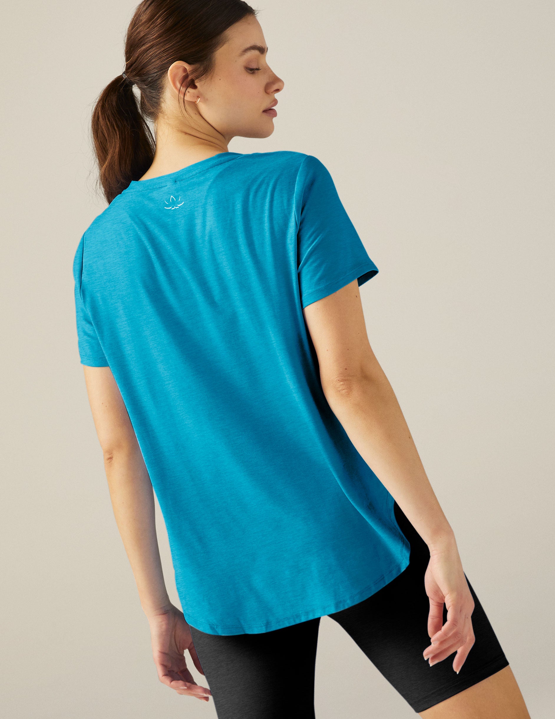 blue scoop neck short sleeve t-shirt. 