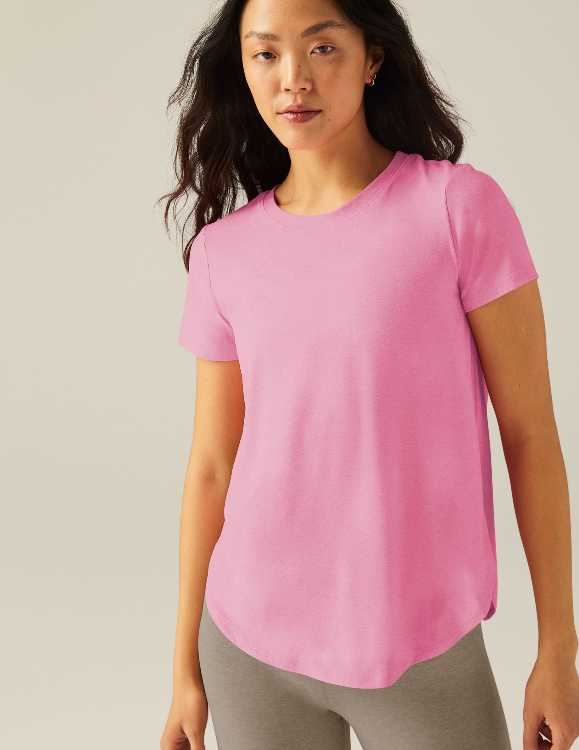 pink crew-neck short sleeve athleisure t-shirt. 