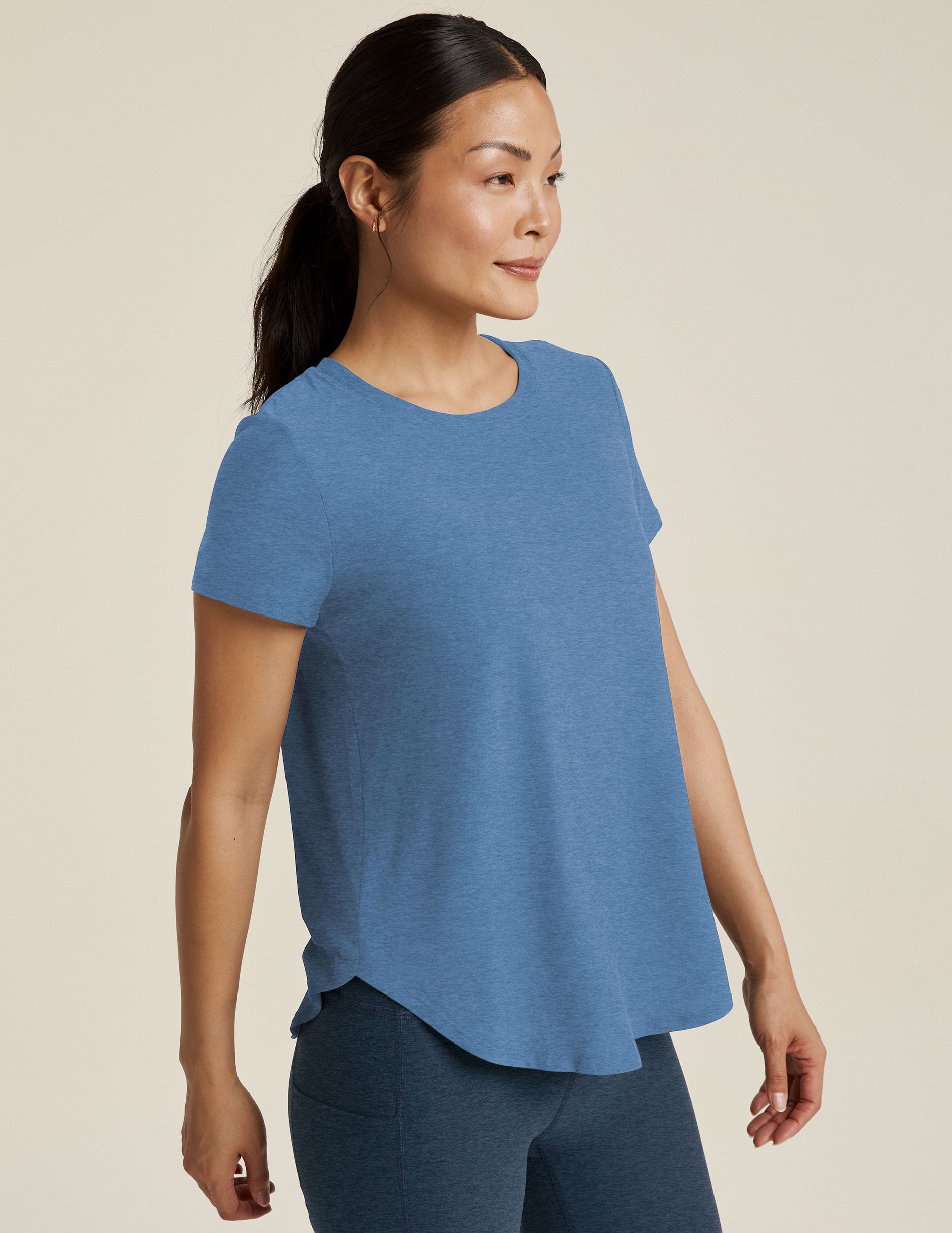 blue short sleeve t-shirt. 