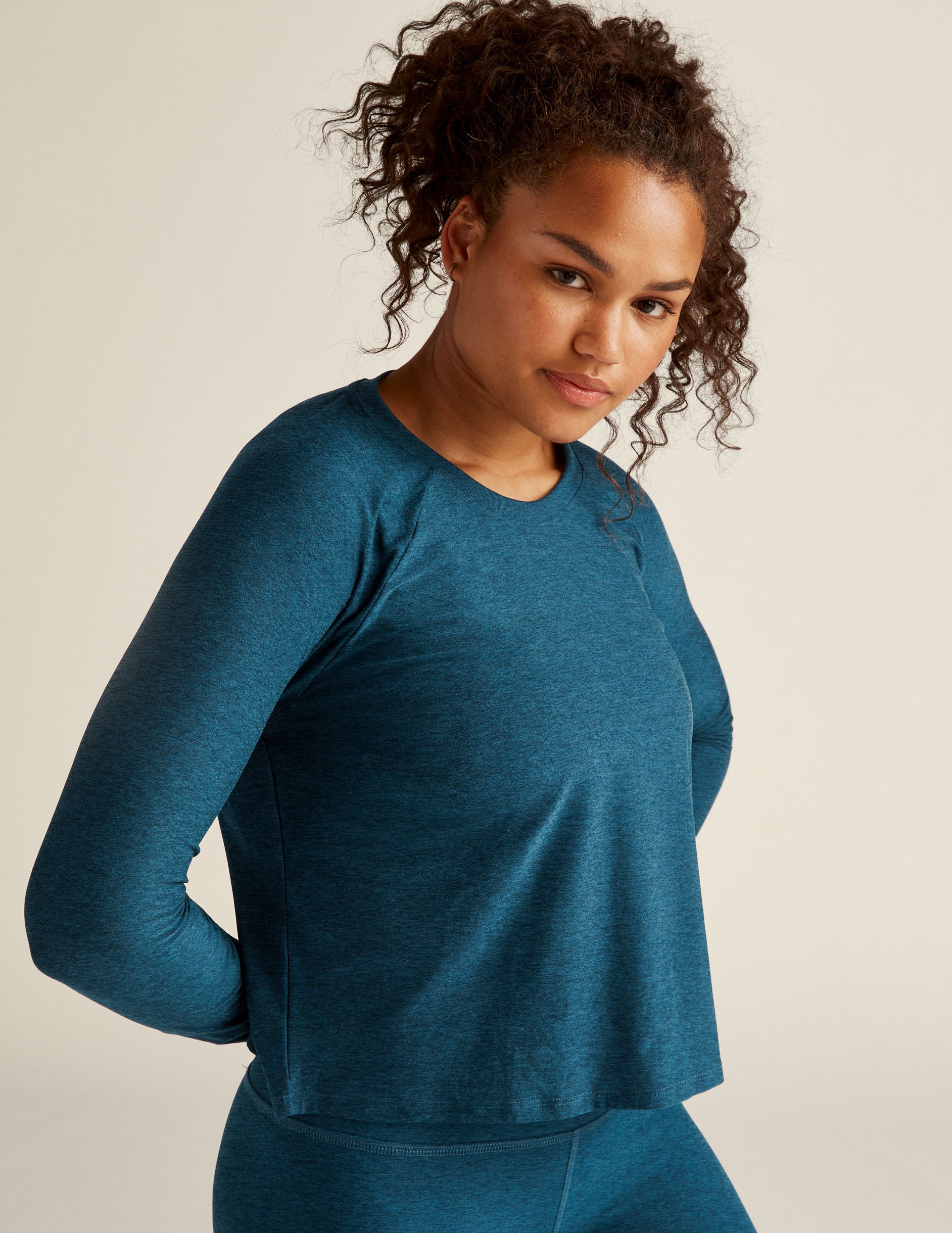 blue long sleeve pullover. 