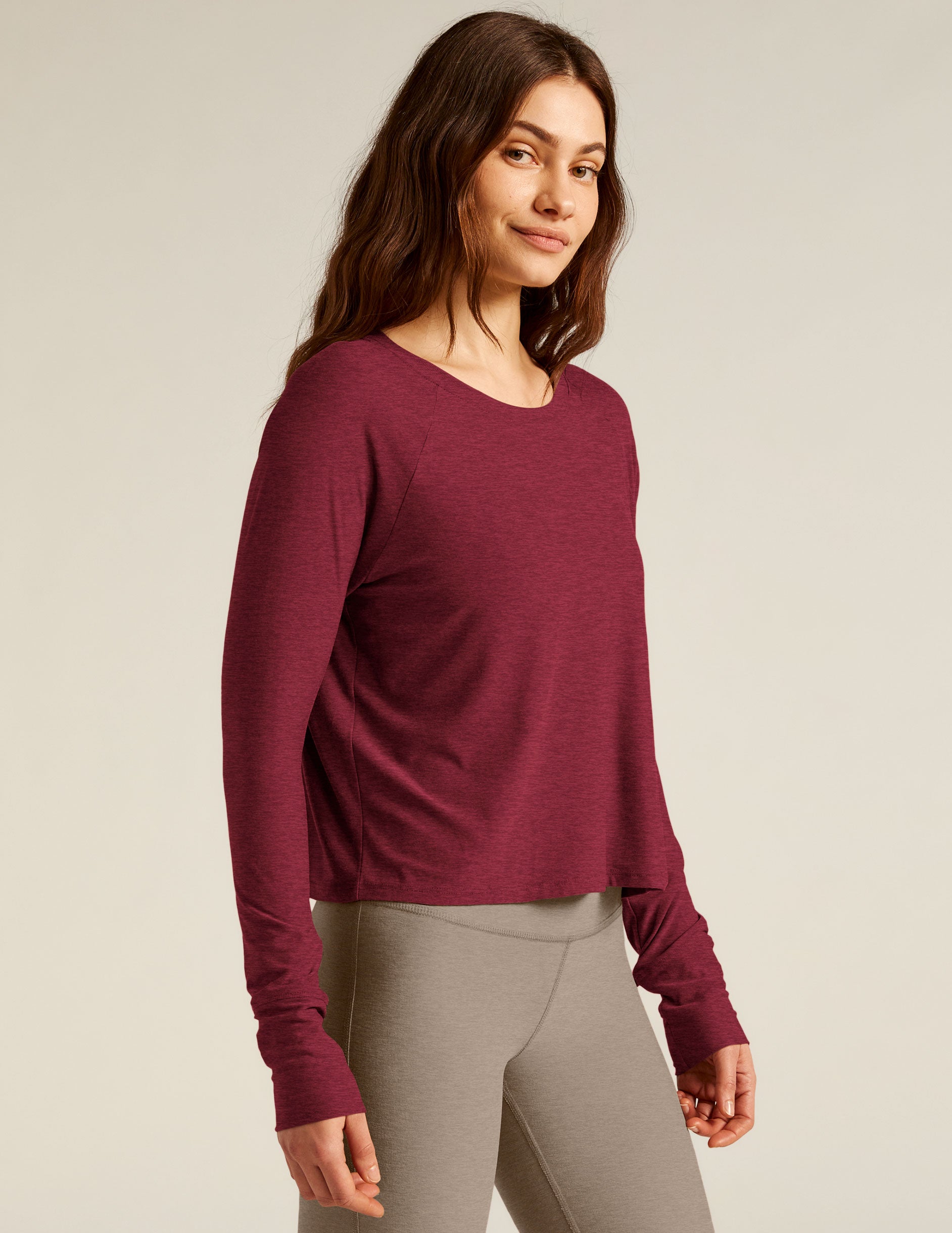 red scoop neck long sleeve lightweight top. 