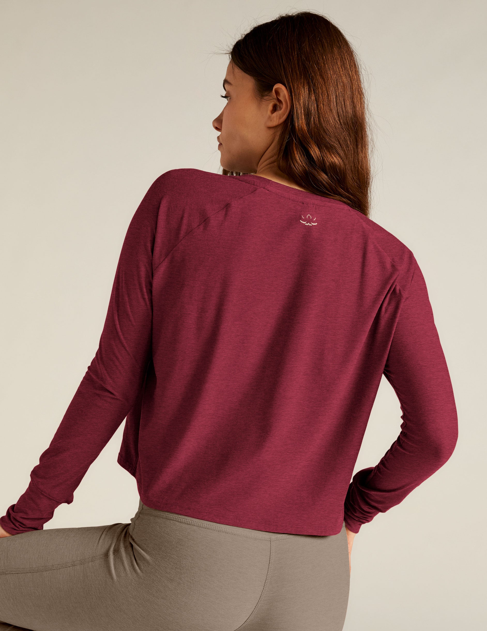 red scoop neck long sleeve lightweight top. 