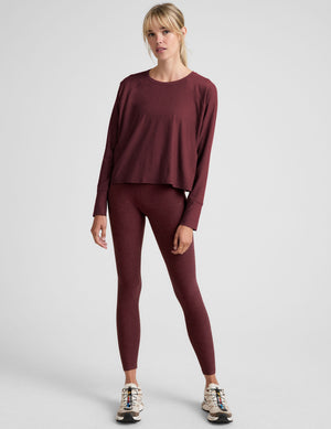 red scoop neck long sleeve relaxed fit top. 