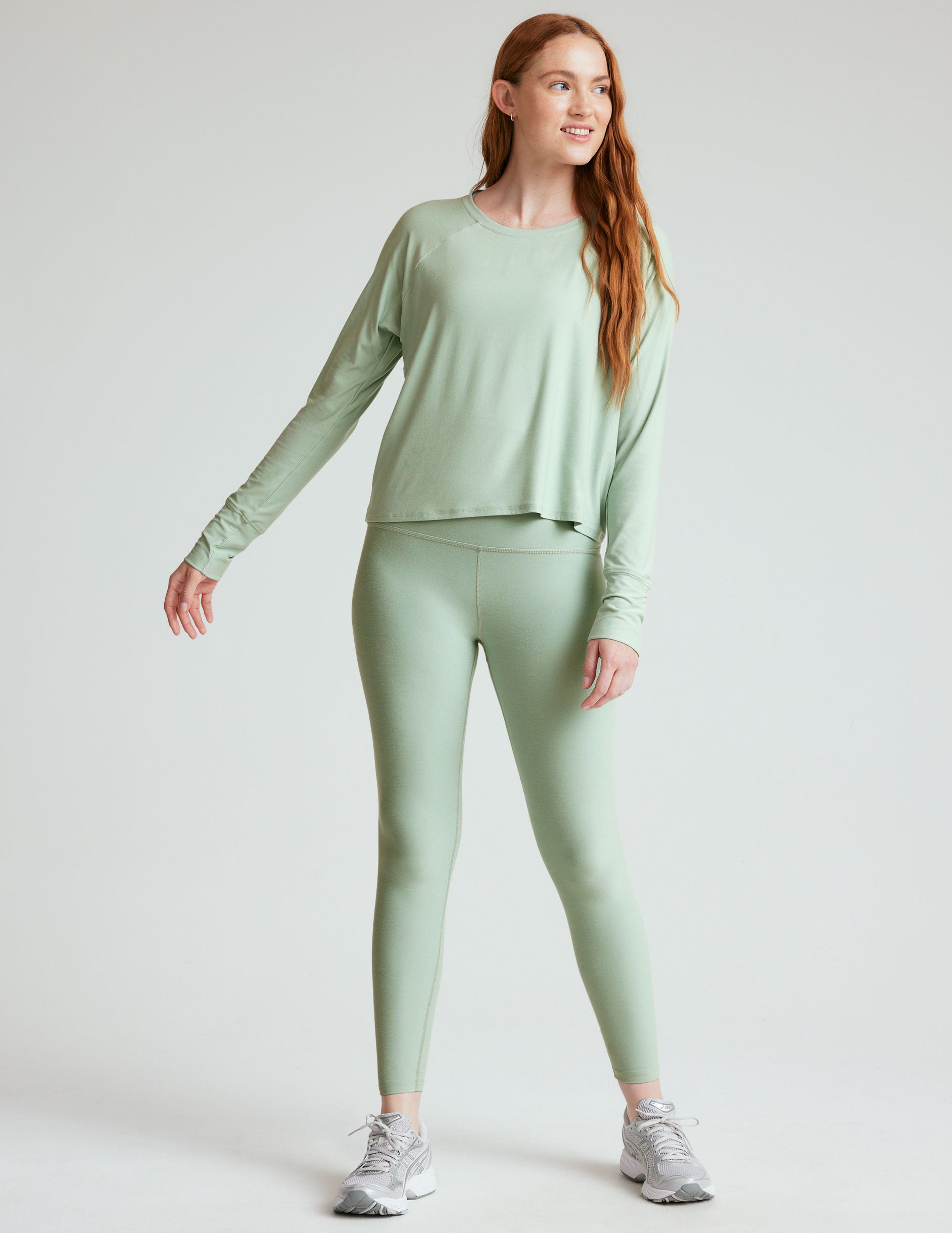 green long sleeve scoop neck top. 