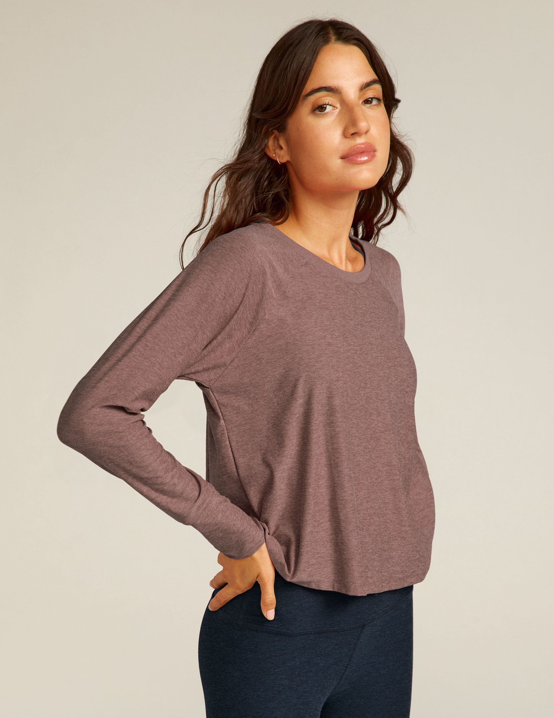 brown long sleeve scoop neck lightweight top. 