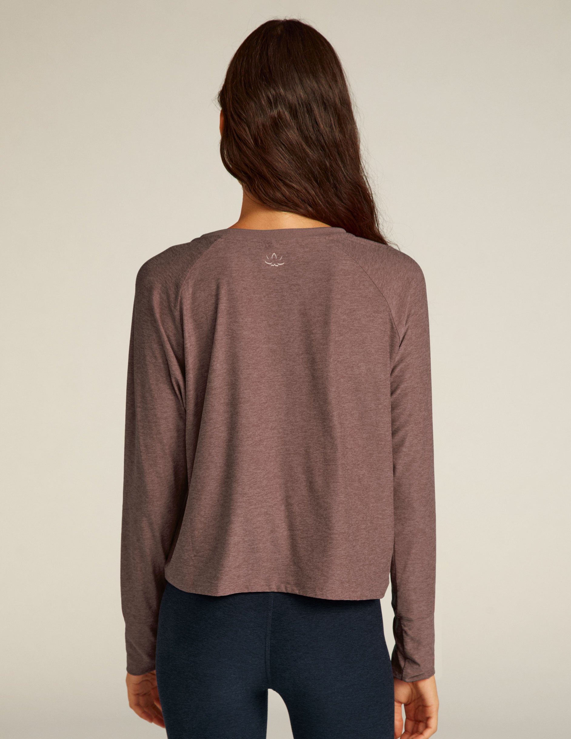 brown long sleeve scoop neck lightweight top. 