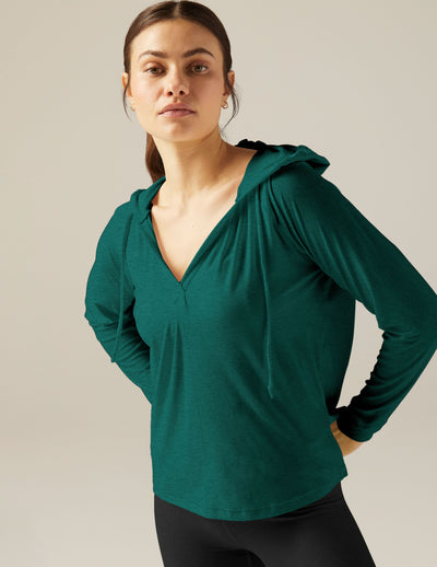 green v-neck hoodie pullover