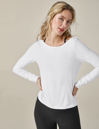 white wide neck fitted long sleeve top