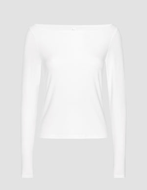 white boatneck long sleeve top. 