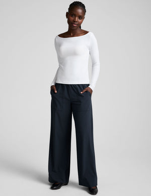 white boatneck long sleeve top. 