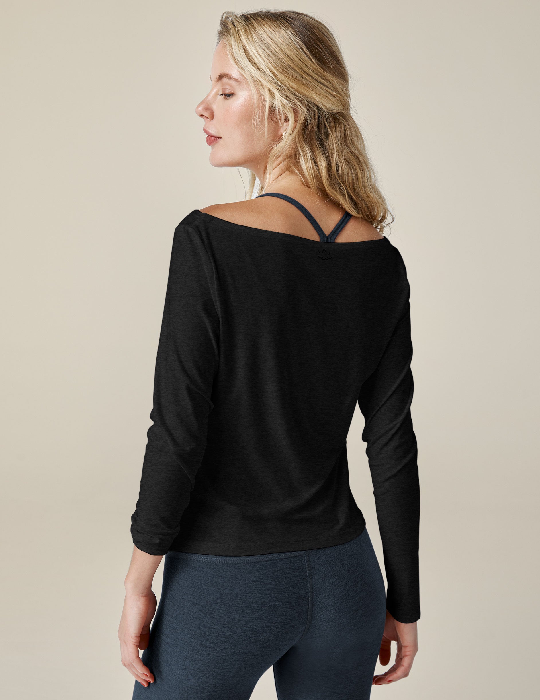 black wide neck fitted long sleeve top