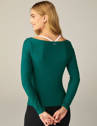 green wide neck fitted long sleeve top